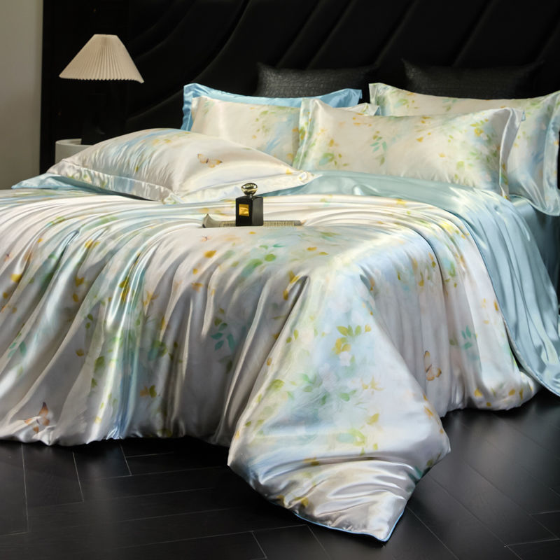 Luxury Heavy Weight 40mm Printed Silk Four-Piece Set Double-Sided Mulberry Silk Ice Silk Quilt Cover Naked Sleeping Fitted Bed Sheets Bedding