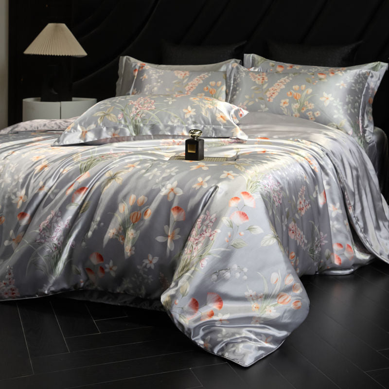 Luxury Heavy Weight 40mm Printed Silk Four-Piece Set Double-Sided Mulberry Silk Ice Silk Quilt Cover Naked Sleeping Fitted Bed Sheets Bedding