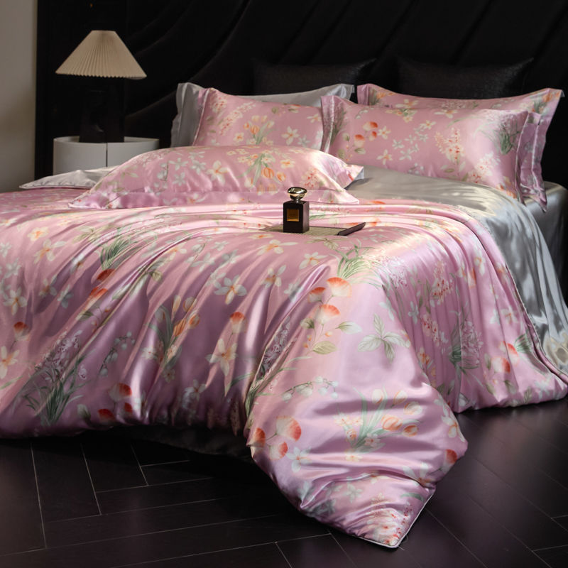 Luxury Heavy Weight 40mm Printed Silk Four-Piece Set Double-Sided Mulberry Silk Ice Silk Quilt Cover Naked Sleeping Fitted Bed Sheets Bedding