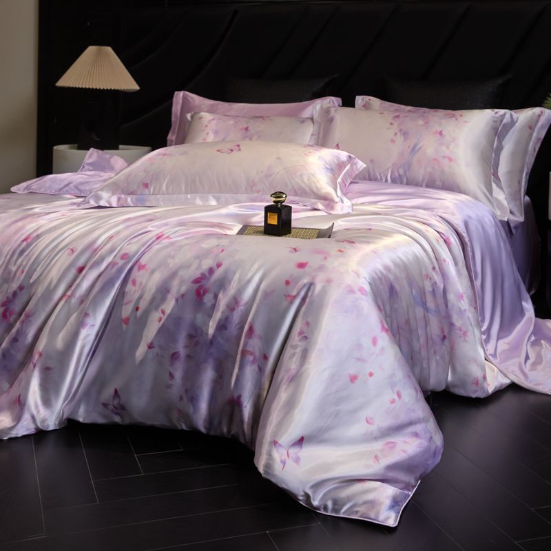 Luxury Heavy Weight 40mm Printed Silk Four-Piece Set Double-Sided Mulberry Silk Ice Silk Quilt Cover Naked Sleeping Fitted Bed Sheets Bedding