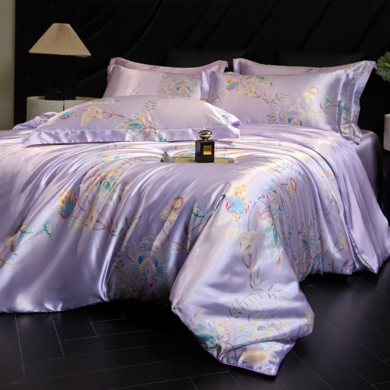 Luxury Heavy Weight 40mm Printed Silk Four-Piece Set Double-Sided Mulberry Silk Ice Silk Quilt Cover Naked Sleeping Fitted Bed Sheets Bedding