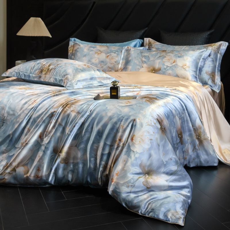Luxury Heavy Weight 40mm Printed Silk Four-Piece Set Double-Sided Mulberry Silk Ice Silk Quilt Cover Naked Sleeping Fitted Bed Sheets Bedding