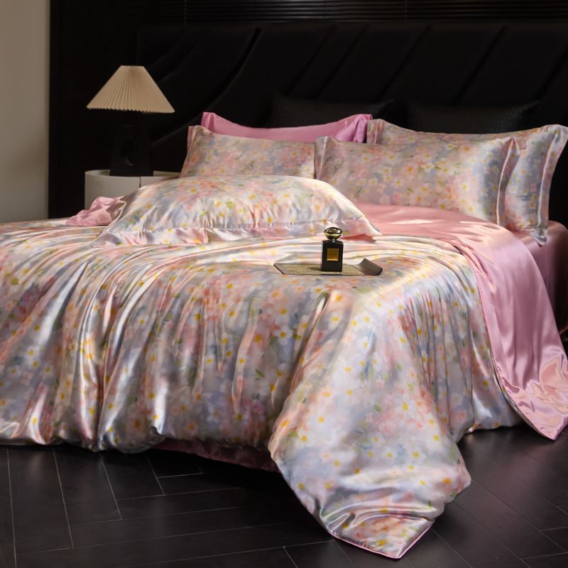 Luxury Heavy Weight 40mm Printed Silk Four-Piece Set Double-Sided Mulberry Silk Ice Silk Quilt Cover Naked Sleeping Fitted Bed Sheets Bedding