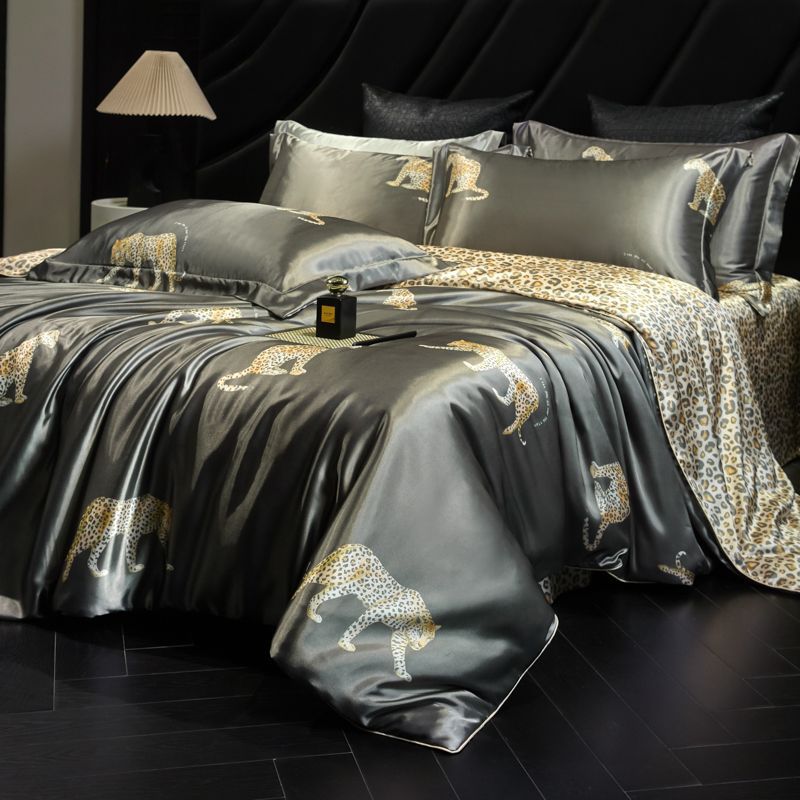 Luxury Heavy Weight 40mm Printed Silk Four-Piece Set Double-Sided Mulberry Silk Ice Silk Quilt Cover Naked Sleeping Fitted Bed Sheets Bedding