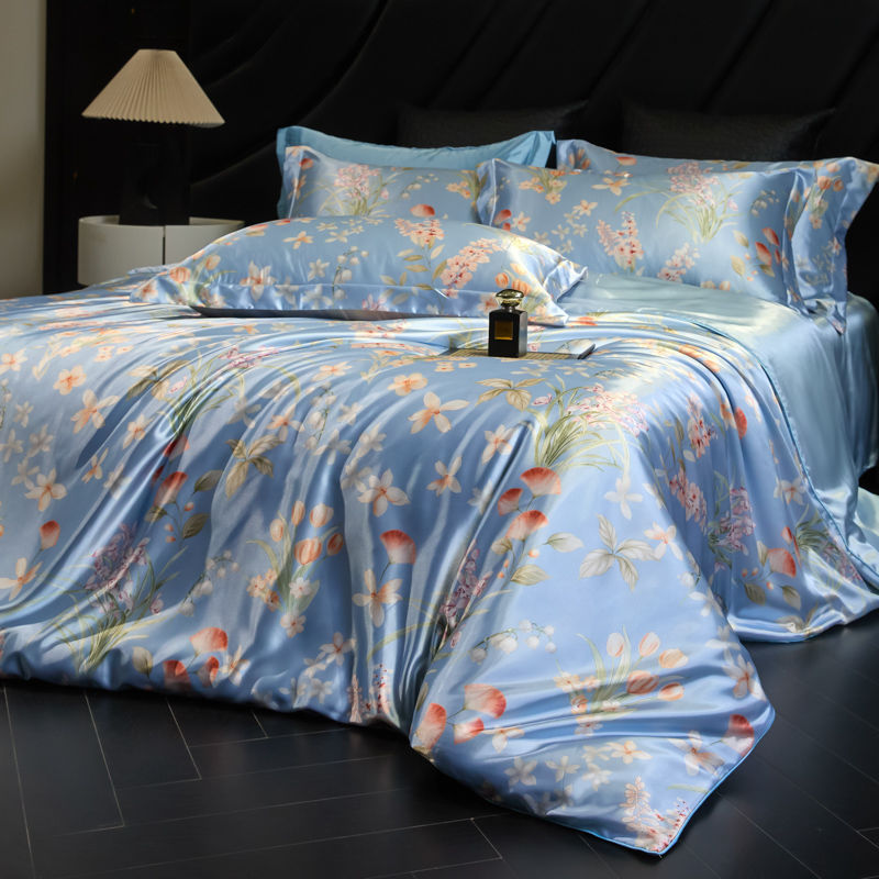 Luxury Heavy Weight 40mm Printed Silk Four-Piece Set Double-Sided Mulberry Silk Ice Silk Quilt Cover Naked Sleeping Fitted Bed Sheets Bedding