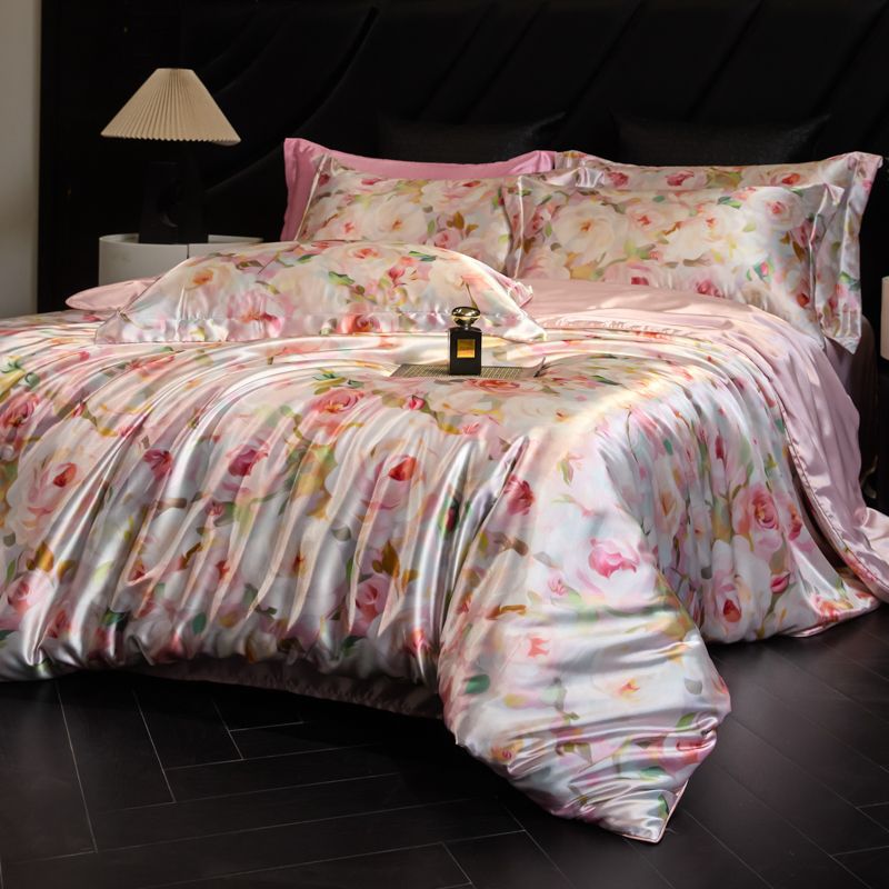 Luxury Heavy Weight 40mm Printed Silk Four-Piece Set Double-Sided Mulberry Silk Ice Silk Quilt Cover Naked Sleeping Fitted Bed Sheets Bedding