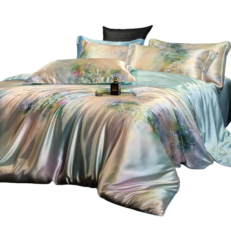 Luxury Heavy Weight 40mm Printed Silk Four-Piece Set Double-Sided Mulberry Silk Ice Silk Quilt Cover Naked Sleeping Fitted Bed Sheets Bedding