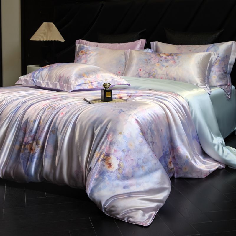 Luxury Heavy Weight 40mm Printed Silk Four-Piece Set Double-Sided Mulberry Silk Ice Silk Quilt Cover Naked Sleeping Fitted Bed Sheets Bedding