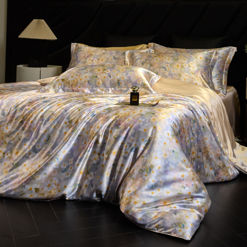 Luxury Heavy Weight 40mm Printed Silk Four-Piece Set Double-Sided Mulberry Silk Ice Silk Quilt Cover Naked Sleeping Fitted Bed Sheets Bedding