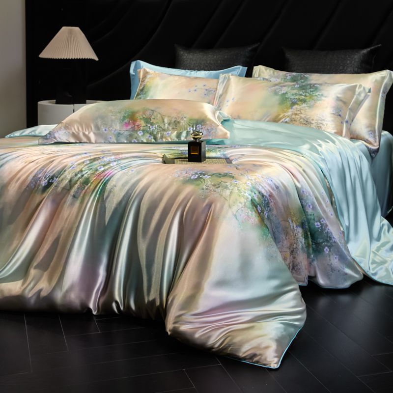 Luxury Heavy Weight 40mm Printed Silk Four-Piece Set Double-Sided Mulberry Silk Ice Silk Quilt Cover Naked Sleeping Fitted Bed Sheets Bedding