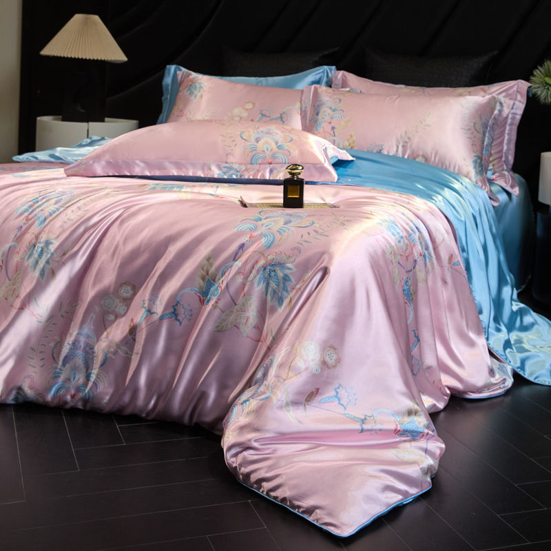 Luxury Heavy Weight 40mm Printed Silk Four-Piece Set Double-Sided Mulberry Silk Ice Silk Quilt Cover Naked Sleeping Fitted Bed Sheets Bedding