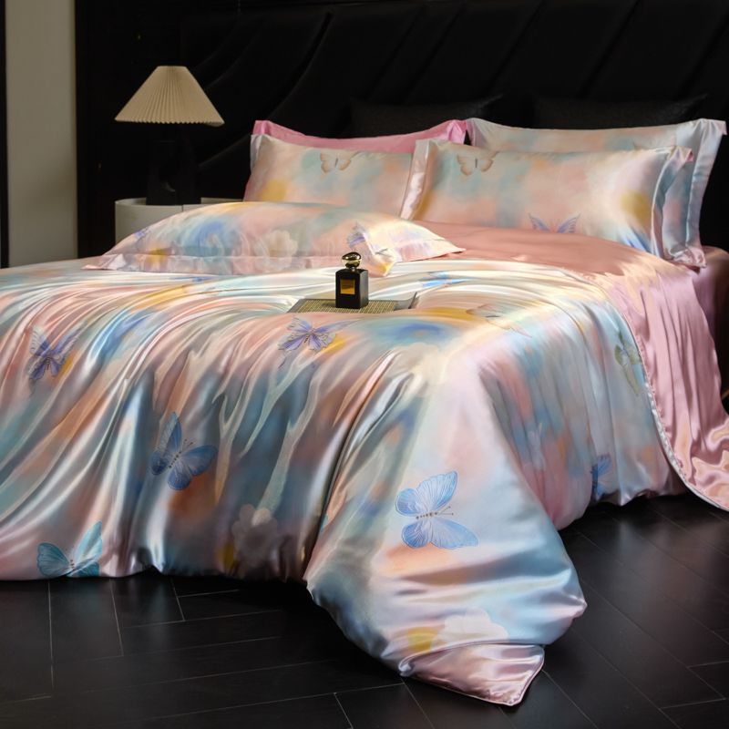 Luxury Heavy Weight 40mm Printed Silk Four-Piece Set Double-Sided Mulberry Silk Ice Silk Quilt Cover Naked Sleeping Fitted Bed Sheets Bedding