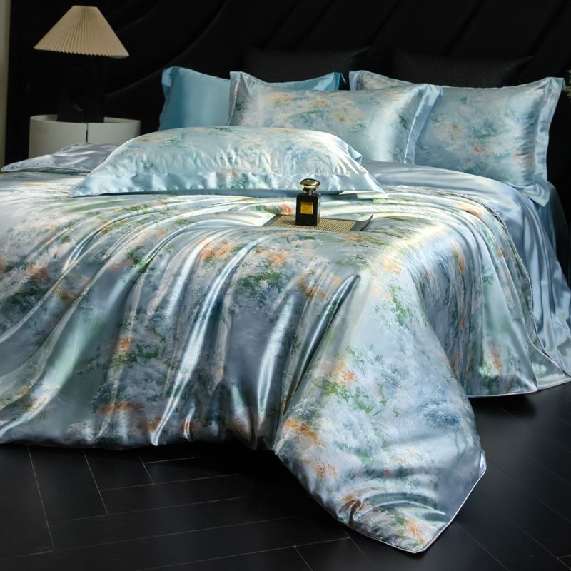 Luxury Heavy Weight 40mm Printed Silk Four-Piece Set Double-Sided Mulberry Silk Ice Silk Quilt Cover Naked Sleeping Fitted Bed Sheets Bedding