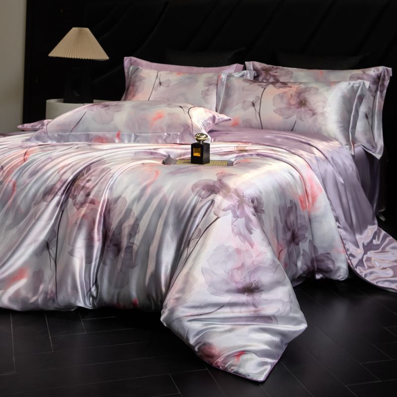 Luxury Heavy Weight 40mm Printed Silk Four-Piece Set Double-Sided Mulberry Silk Ice Silk Quilt Cover Naked Sleeping Fitted Bed Sheets Bedding