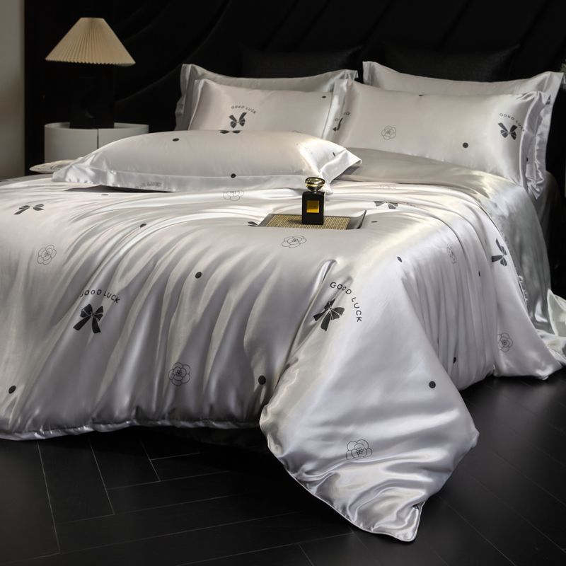 Luxury Heavy Weight 40mm Printed Silk Four-Piece Set Double-Sided Mulberry Silk Ice Silk Quilt Cover Naked Sleeping Fitted Bed Sheets Bedding