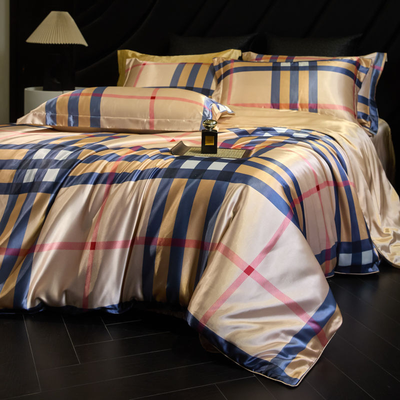 Luxury Heavy Weight 40mm Printed Silk Four-Piece Set Double-Sided Mulberry Silk Ice Silk Quilt Cover Naked Sleeping Fitted Bed Sheets Bedding