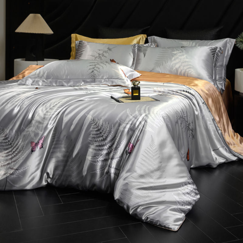 Luxury Heavy Weight 40mm Printed Silk Four-Piece Set Double-Sided Mulberry Silk Ice Silk Quilt Cover Naked Sleeping Fitted Bed Sheets Bedding